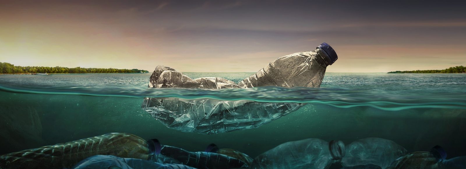 A plastic bottle floating at the surface of the ocean above submerged plastic waste.